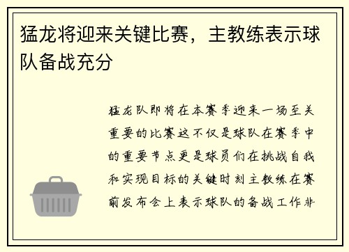 猛龙将迎来关键比赛，主教练表示球队备战充分